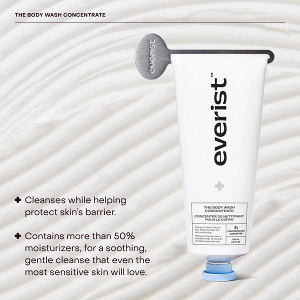Everist body wash concentrate tube on a textured white background