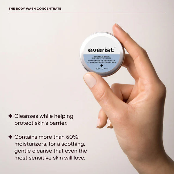 Hand holding a container of everist body wash concentrate travel mini with product details on a light background