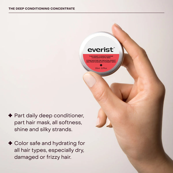 Hand holding a container of Everist deep conditioning concentrate with product details on a light background