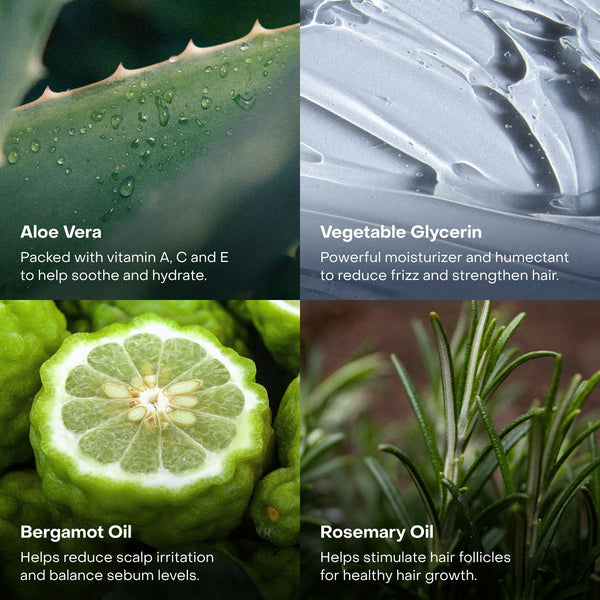 Collage of aloe vera, vegetable glycerin, bergamot oil, and rosemary oil with descriptive text.