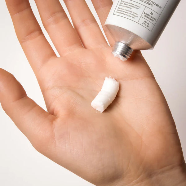 Hand holding a small amount of white cream with a tube of Everist The Body Wash Concentrate above it on a light background