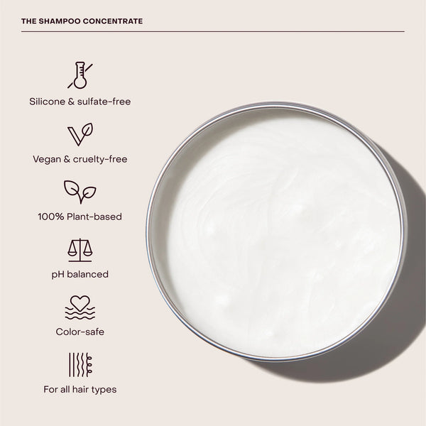 Everist The Shampoo concentrate travel tin open with icons and text on a beige background