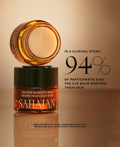 Sahajan Golden Glow Eye Balm with clinical study results on a beige background