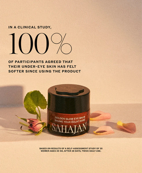 Sahajan Golden Glow Eye Balm with clinical study results on a beige background