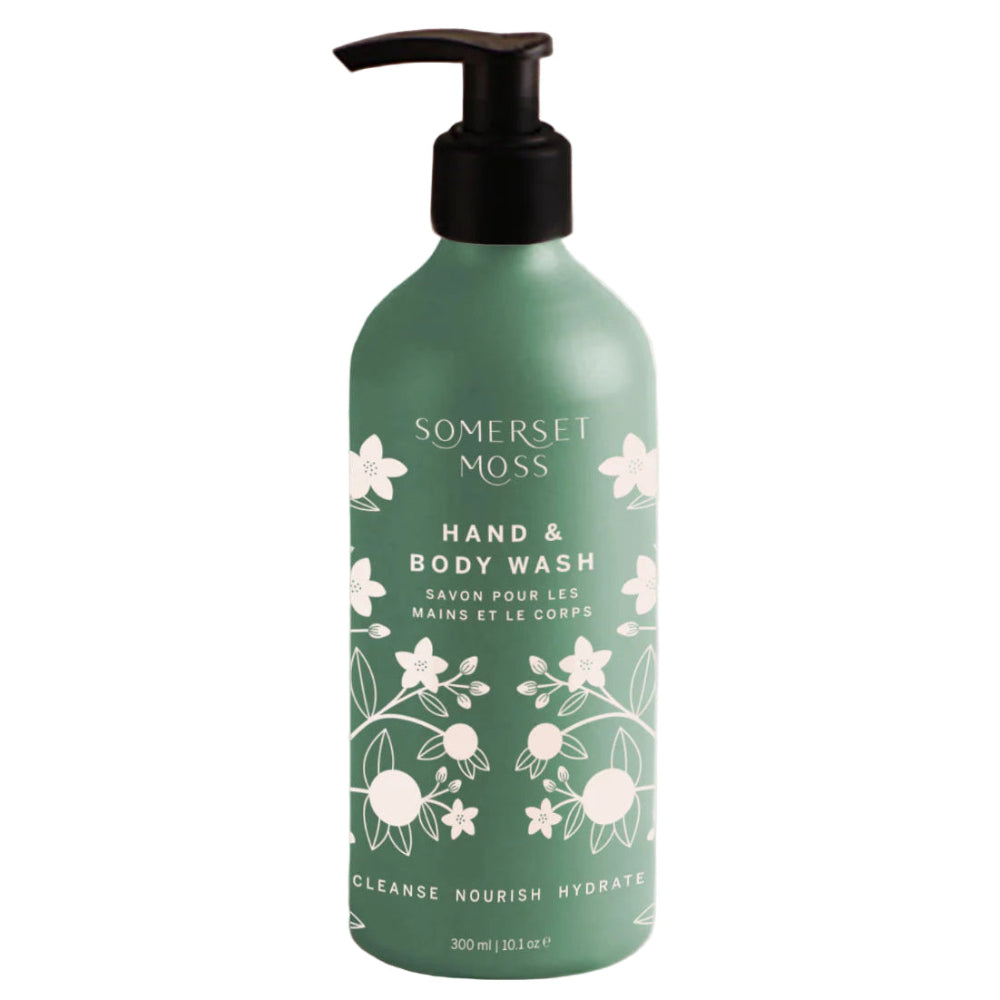 Bottle of Somerset Moss hand and body wash on a white background