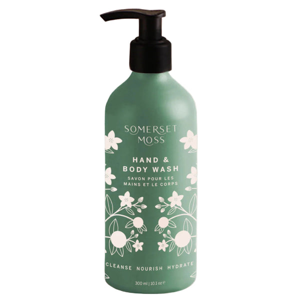 Bottle of Somerset Moss hand and body wash on a white background