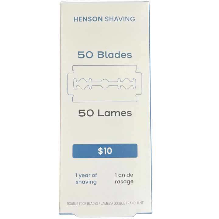 Box of Henson Shaving double-edge blades with price and duration of use on a white background
