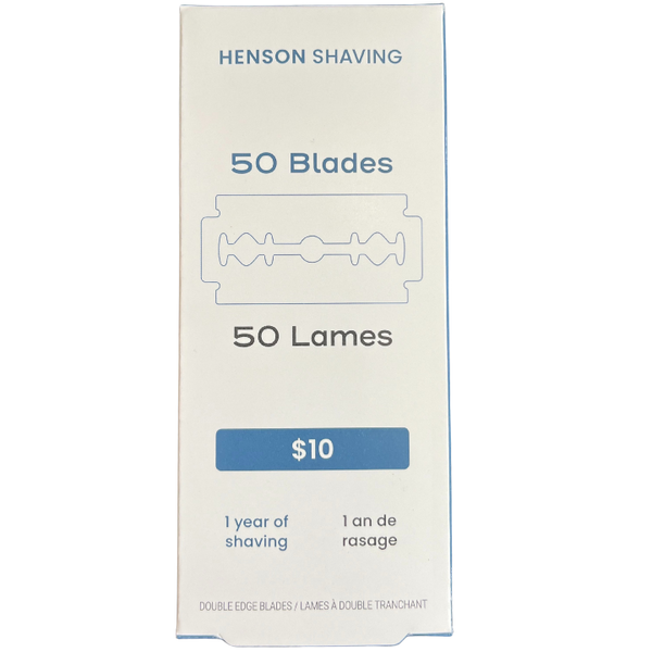 Box of Henson Shaving double-edge blades with price and duration of use on a white background