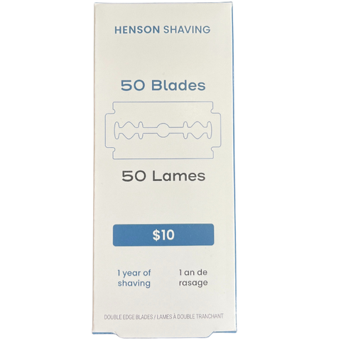 Box of Henson Shaving double-edge blades with price and duration of use on a white background