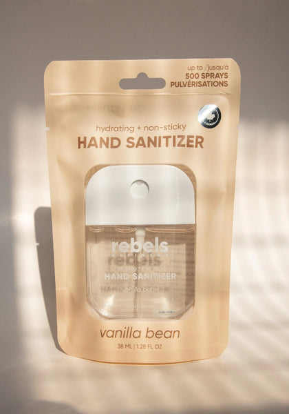 Hand sanitizer packaging with 'rebel's' branding on a neutral background
