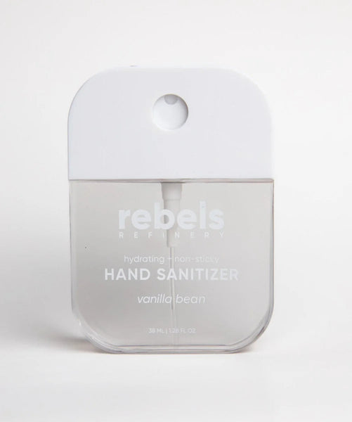 Hand sanitizer packaging with 'rebel's' branding on a white background