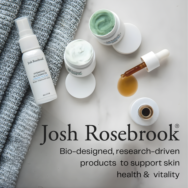 Skincare products from Josh Rosebrook on a marble surface with text about the brand's approach to skincare.