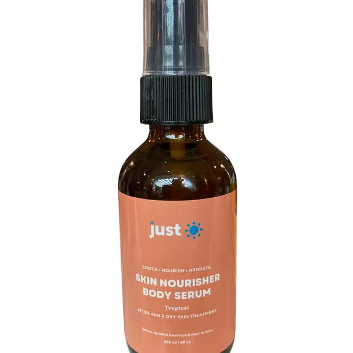 Bottle of Just Sun Skin Nourisher Body Serum on a white background