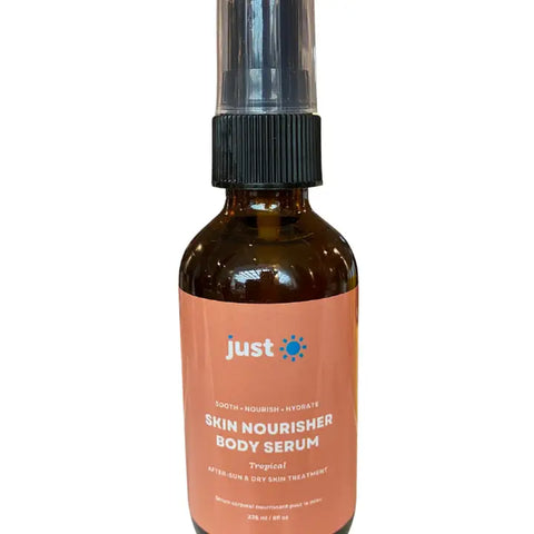 Bottle of Just Sun Skin Nourisher Body Serum on a white background