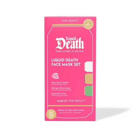 Pink packaging of Liquid Death face mask set on a white background