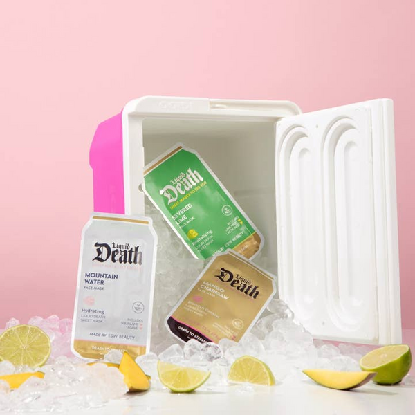 Three 'Death' branded products in a cooler with ice and limes on a pink background
