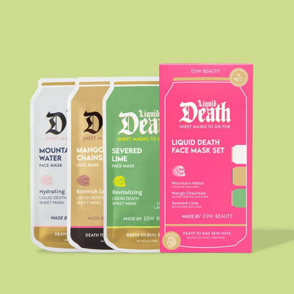 Set of Liquid Death face mask packages on a green background