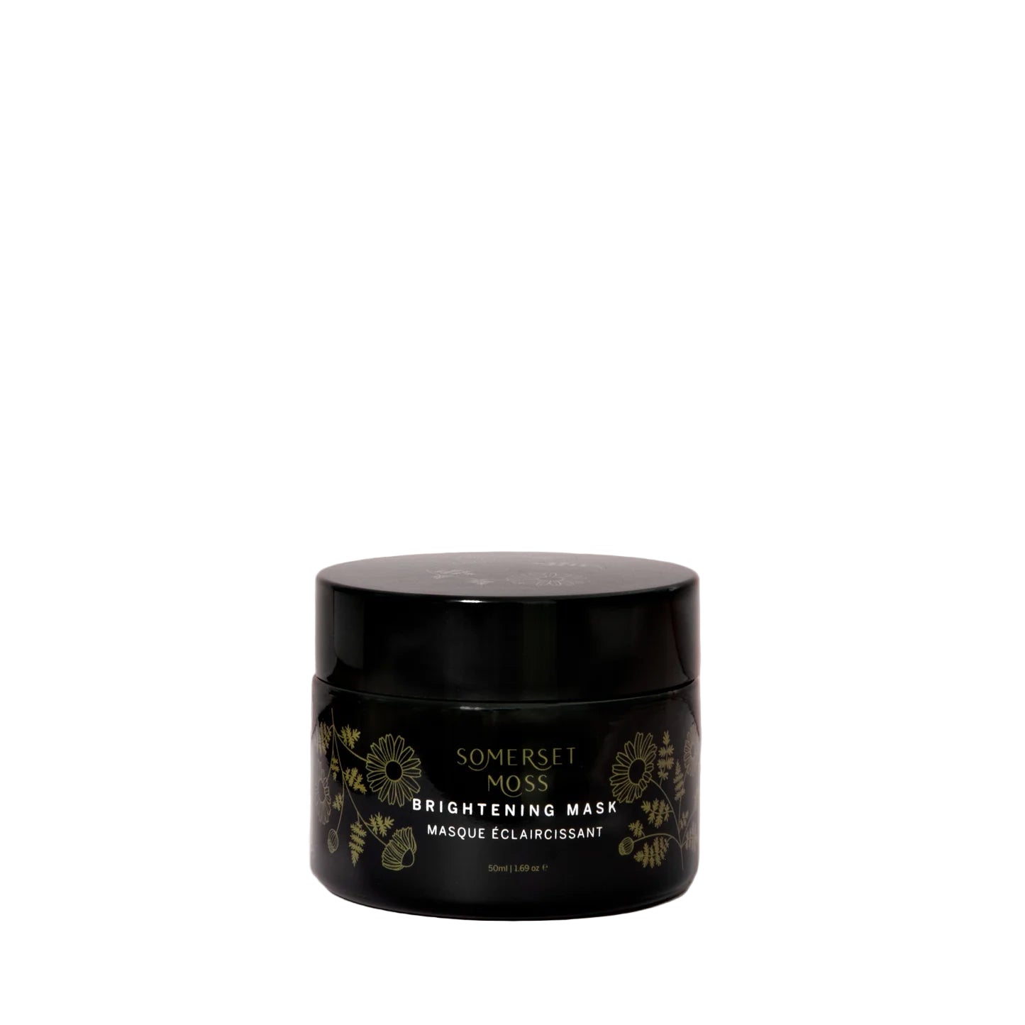 Black jar of Somerset Moss Brightening Mask on a light white background