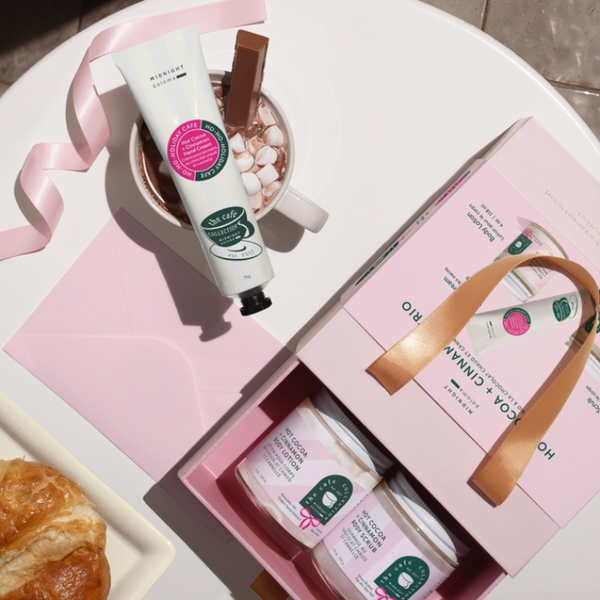 Midnight Paloma Hot Cocoa + Cinnamon Hand Cream set up