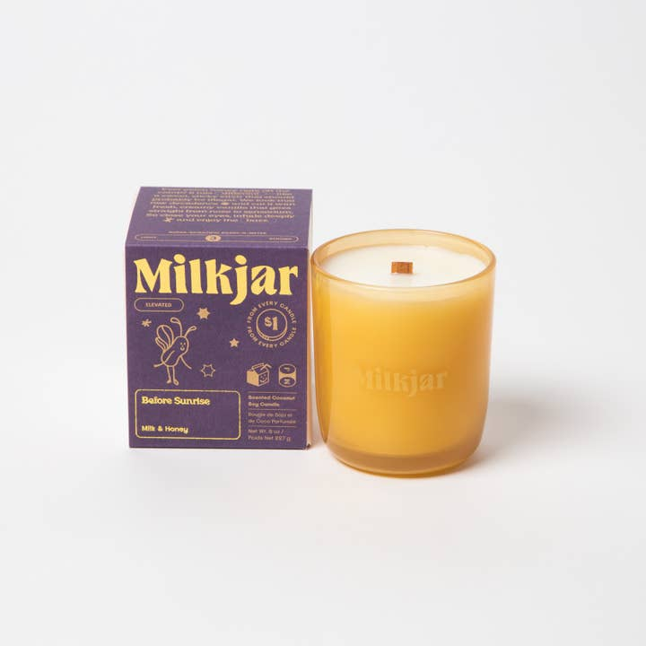 Milkjar candle and packaging on a white background