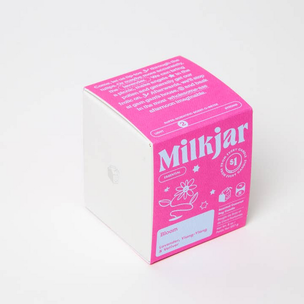 Pink and white box of Milkjar on a white background