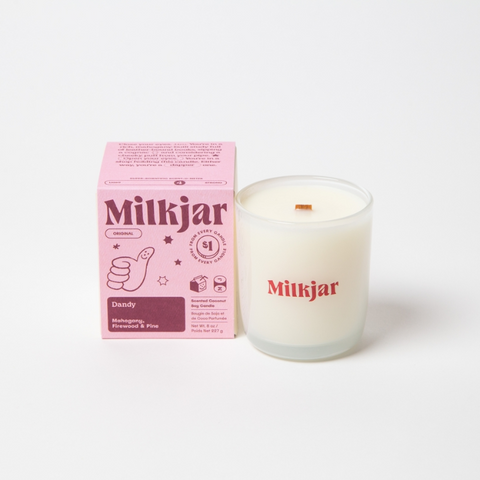 Milkjar candle and packaging on a white background