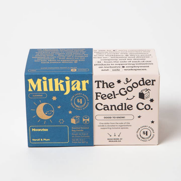 Milkjar candle packaging with branding and product details on a white background