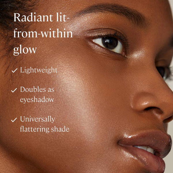 Close-up of a person's face with text highlighting product features