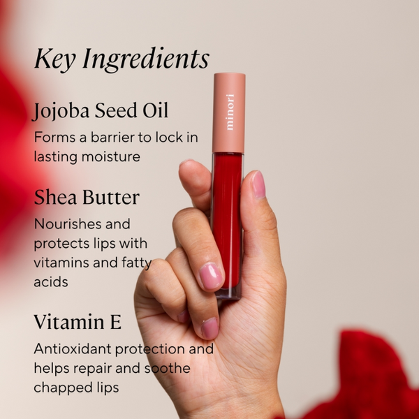 Lip balm with key ingredients listed on a beige background Minori Lip Gloss