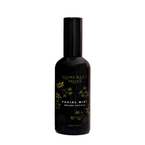 Black facial mist bottle with 'Somerset Moss' branding on a white background