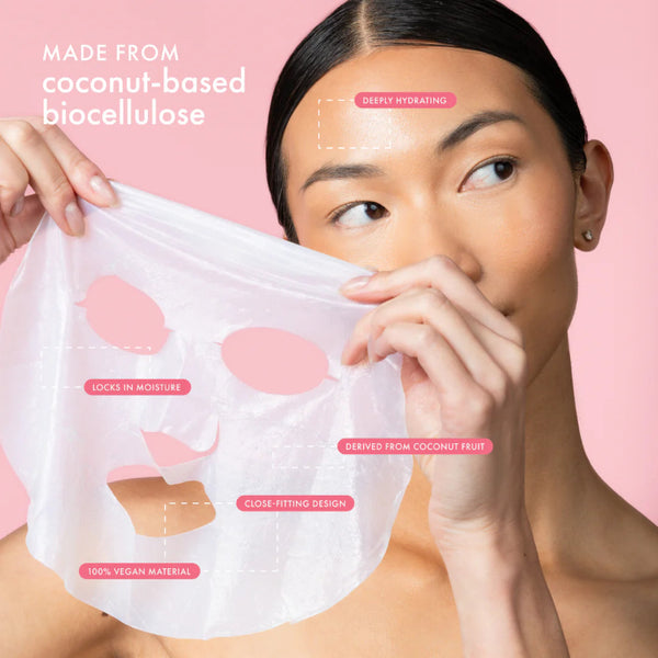 Woman holding a biodegradable face mask with text on a pink background