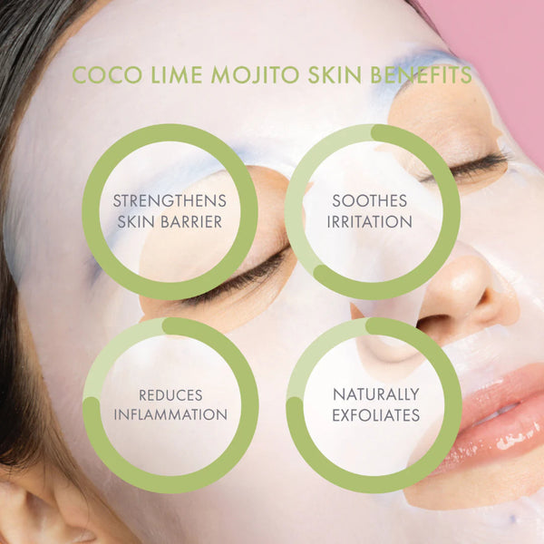 Woman wearing a face mask with text highlighting COCO LIME MOJITO SKIN BENEFITS on a white background.