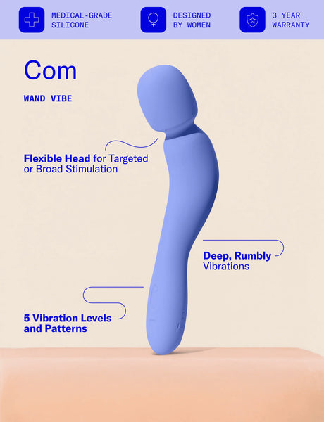 Blue Com External Wand Vibrator by Dame with text on a beige background