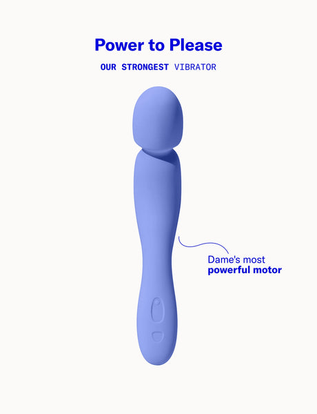 Blue Com External Wand Vibrator by Dame with text 'Power to Please' and 'Our Strongest Vibrator' on a white background