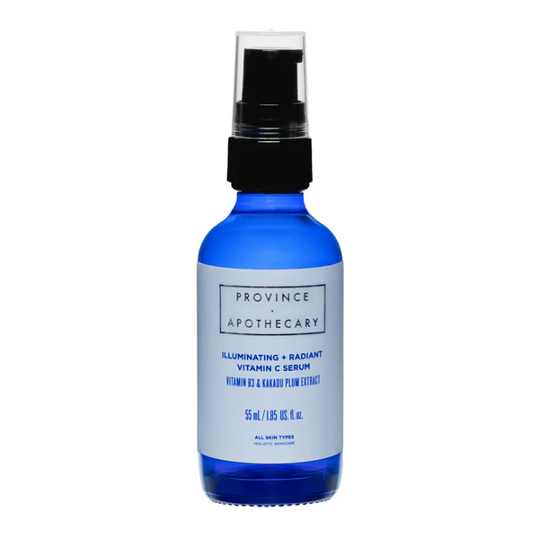 Blue serum bottle with black spray nozzle on a white background