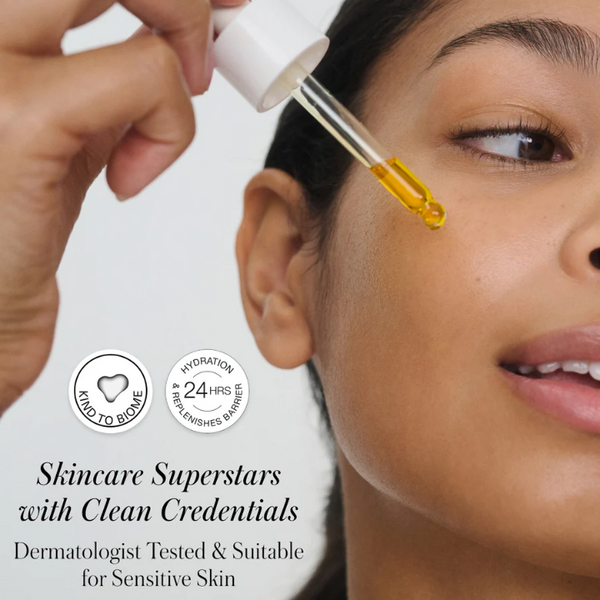 Person applying skincare product with dropper to face, with brand logo and text about skincare credentials.