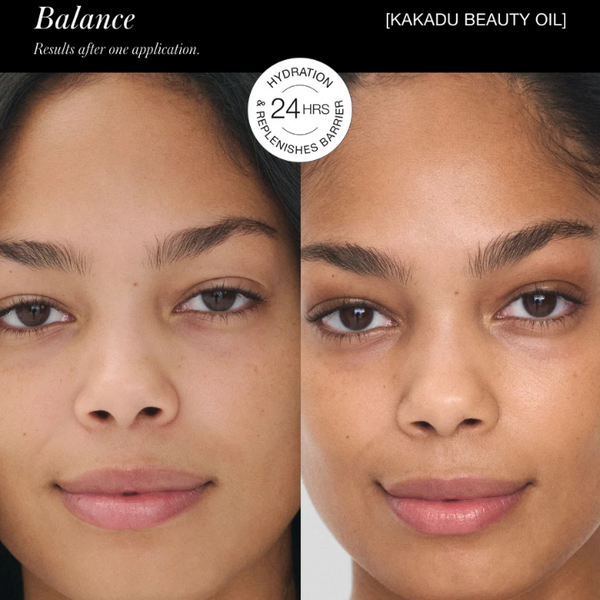 Before and after comparison of a woman's face with Kakadu Beauty Oil, showing hydration benefits.
