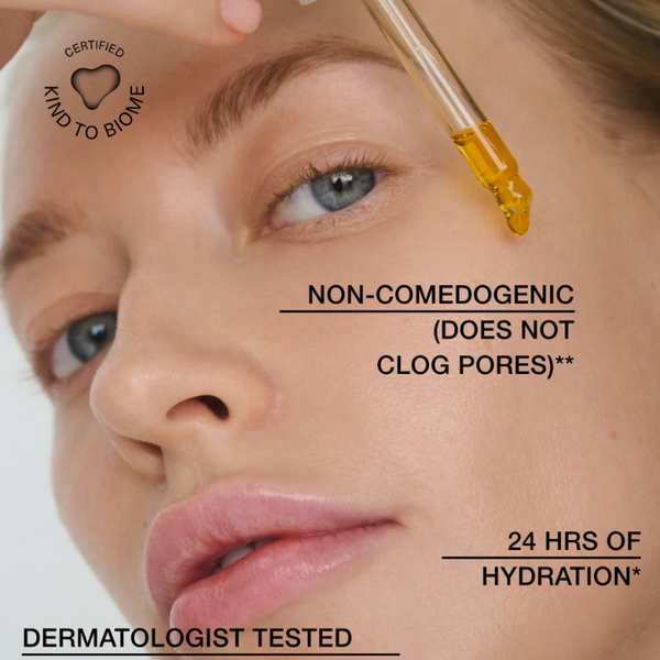 Close-up of a person applying a dropper to their face with product features highlighted.
