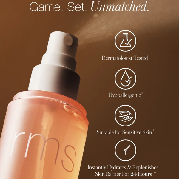rms beauty product with features listed on a brown background