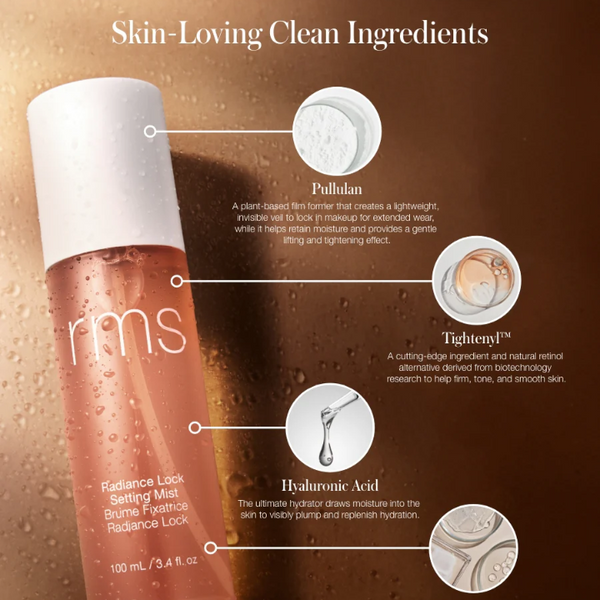 rms beauty product with labeled skin-loving clean ingredients on a brown background