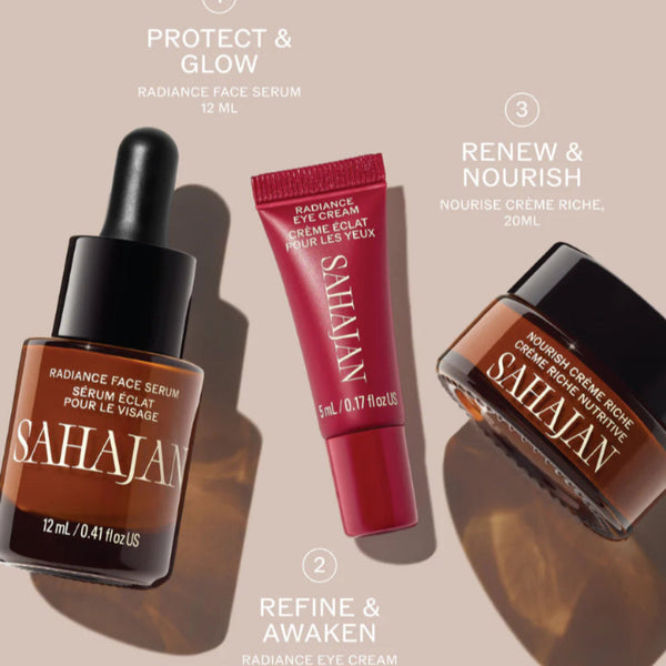Sahajan skincare products including serum, eye cream, and creme on a beige background