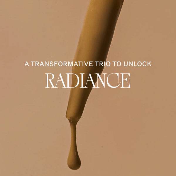 Product advertisement with a droplet of tan-colored liquid on a beige background, featuring text about radiance.