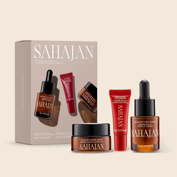 Sahajan skincare product set on a beige background