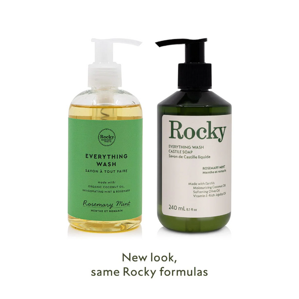 Rocky Castile Soap Everything Wash Rosemary Mint old branding beside the new branding