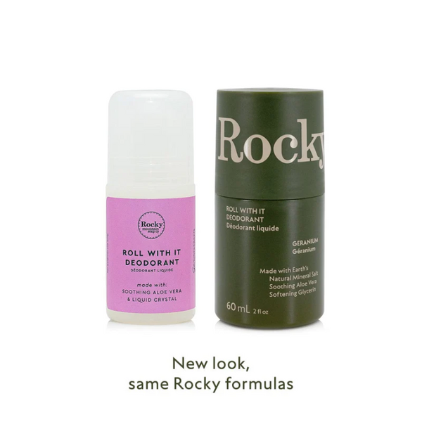Rocky roll-on deodorant geranium new packaging compared to old packaging