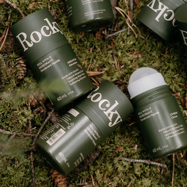 Bottles of Rocky Roll-on tea tree deodorant