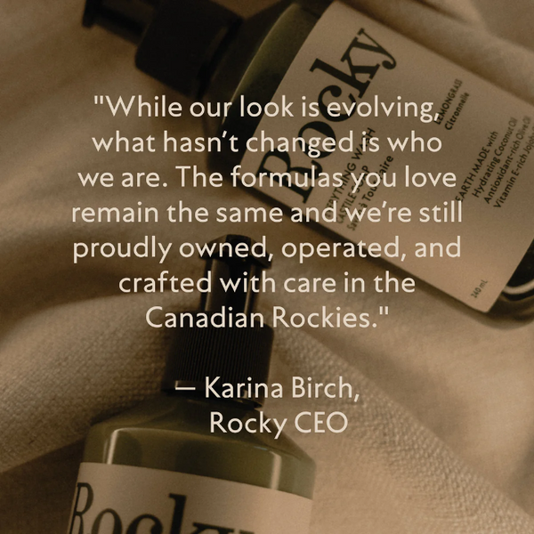 Rocky skincare bottle with a quote from Karina Birch, CEO, on a textured background