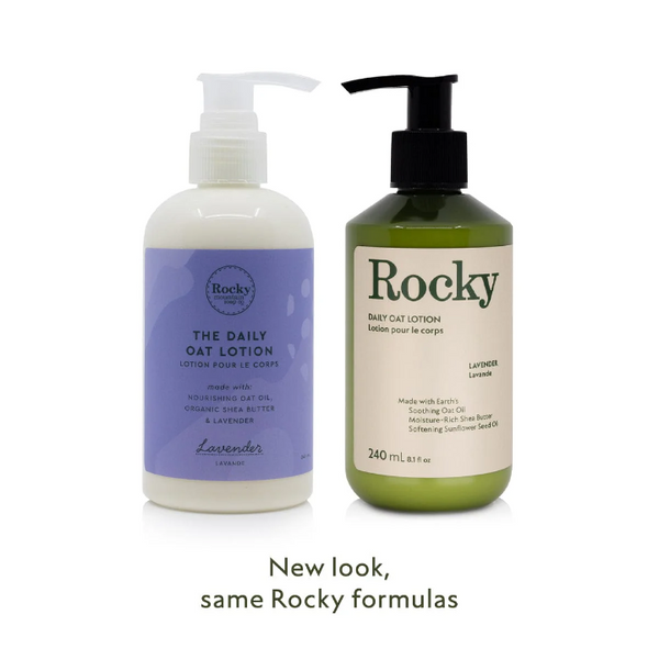 Rocky Mountain Soap Company Daily Oat Lotion, old branding beside the new branding, Lavender