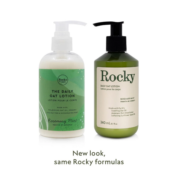 Bottles of Rocky Mountain Soap Company Daily Oat body Lotion Rosemary Mint, old branding beside the new branding