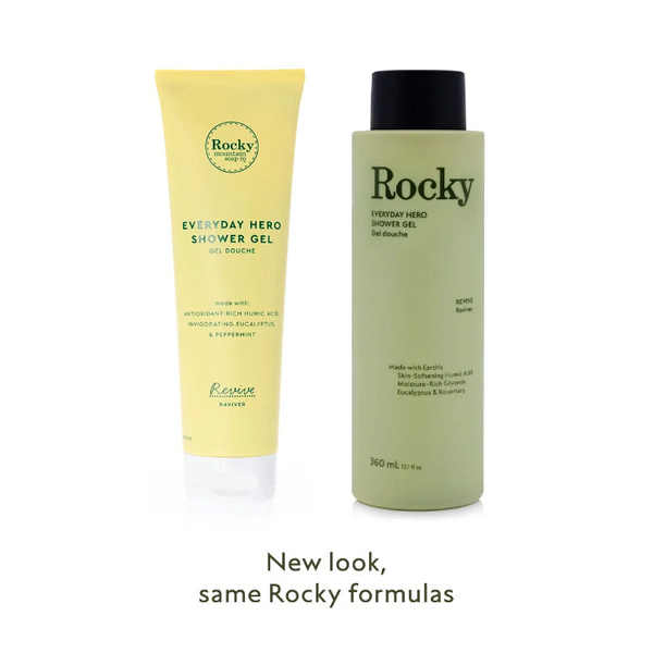 Rocky Everyday Hero Shower Gel Revive old branding beside the new branding